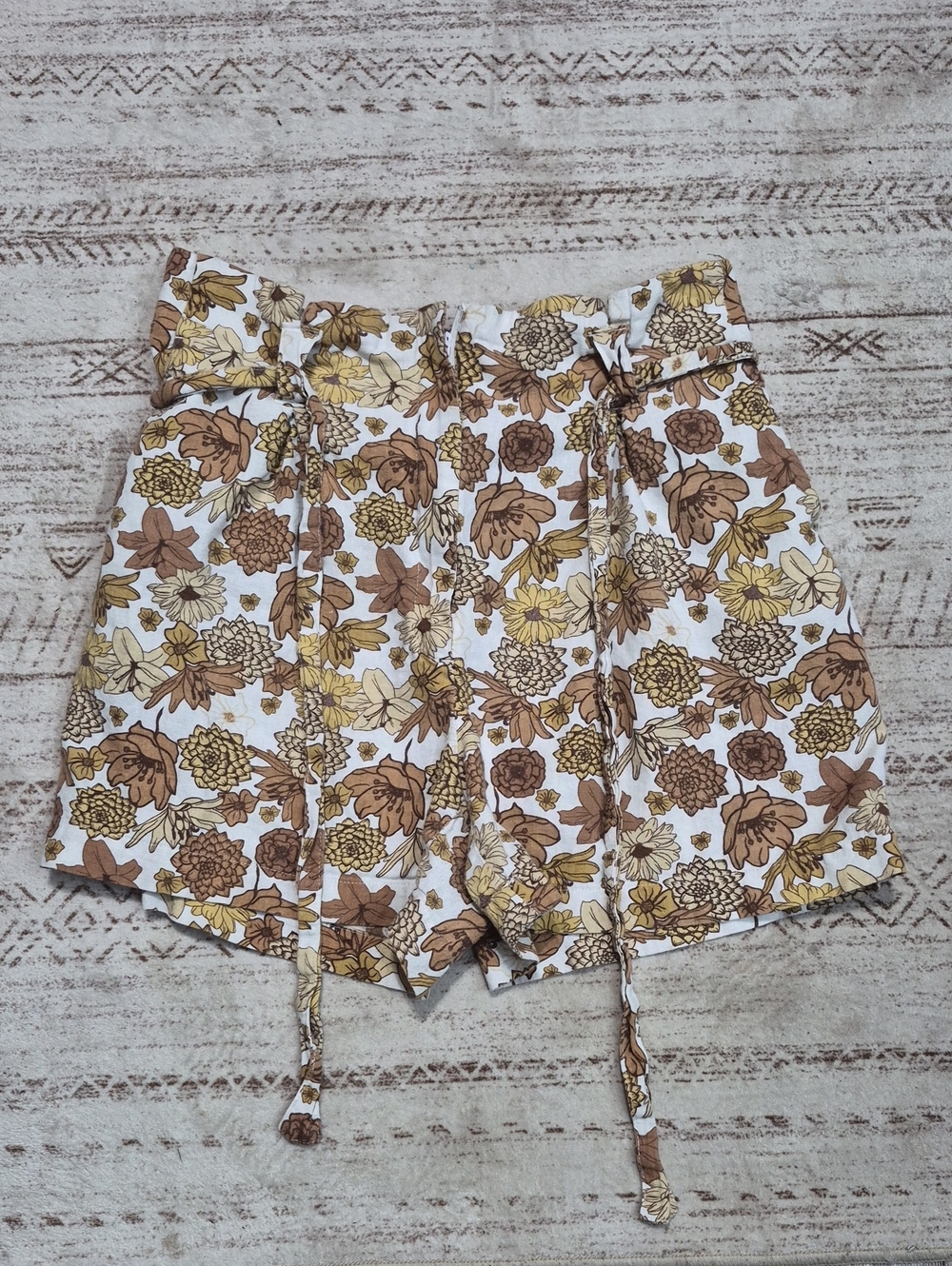 C&C California White High-Waist Paperbag Shorts with Brown & Yellow Floral Print